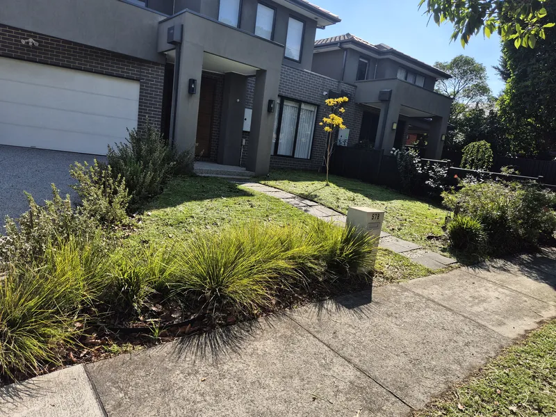 Green lawn with modern houses concrete pathway and well-maintained front yard in Melbourne suburbs